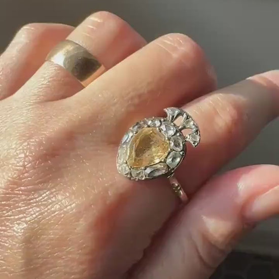 Rare Georgian Era Crowned HEART Ring Pear Precious Golden Yellow Topaz Elongated Old Mine Rose Cut DIAMOND Halo 18k Gold Silver Figural