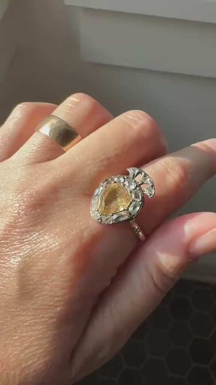 Rare Georgian Era Crowned HEART Ring Pear Precious Golden Yellow Topaz Elongated Old Mine Rose Cut DIAMOND Halo 18k Gold Silver Figural
