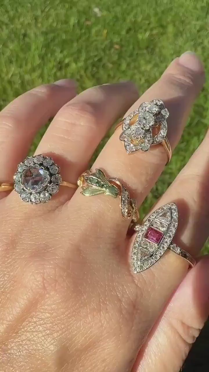 Antique 21 Natural Old Rose Cut DIAMONDS Angled GRID Triple Row Cobblestone 18k Gold Ring Stacker Pave Encrusted Wide Band Sparkle