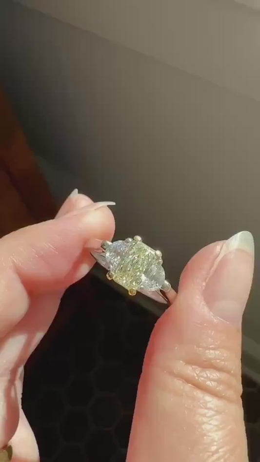 Pale Yellow Eye Clean 1.6Ctw Natural Radiant Cut DIAMOND Ring Solitaire Step Cut Half Moon Accents Three Stone 14k 18k Gold Engagement Ring