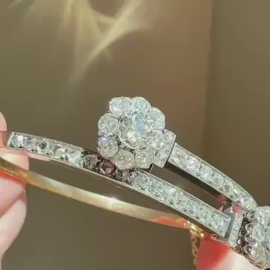 ANTIQUE 6 Carats Double Daisy CLUSTER 56 Old Mine & Rose Cut DIAMONDS French Hinged Bangle Bracelet 18k Gold Belle Epoque 6Ctw OmC
