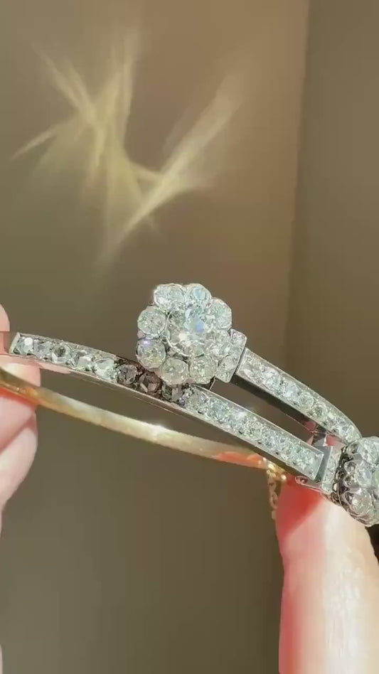 ANTIQUE 6 Carats Double Daisy CLUSTER 56 Old Mine & Rose Cut DIAMONDS French Hinged Bangle Bracelet 18k Gold Belle Epoque 6Ctw OmC