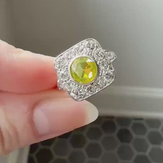 Vintage .8 Carat Fancy Greenish Yellow Natural ROSE CUT Diamond 1.8 Ctw Transitional Cut Boxed Cobblestone Panel Ring Platinum Lemon Lime