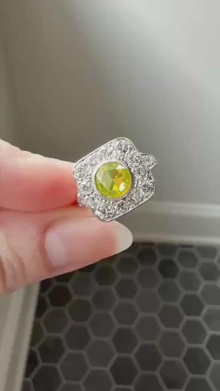 Vintage .8 Carat Fancy Greenish Yellow Natural ROSE CUT Diamond 1.8 Ctw Transitional Cut Boxed Cobblestone Panel Ring Platinum Lemon Lime