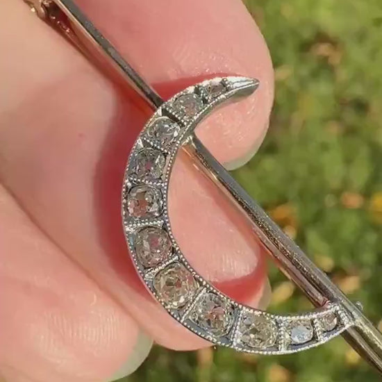 MOON Crescent Brooch .85 Carat + Rose Old Mine DIAMOND 14k Gold Platinum Extender Connector Pendant Pin Charm Holder Figural Celestial Pearl