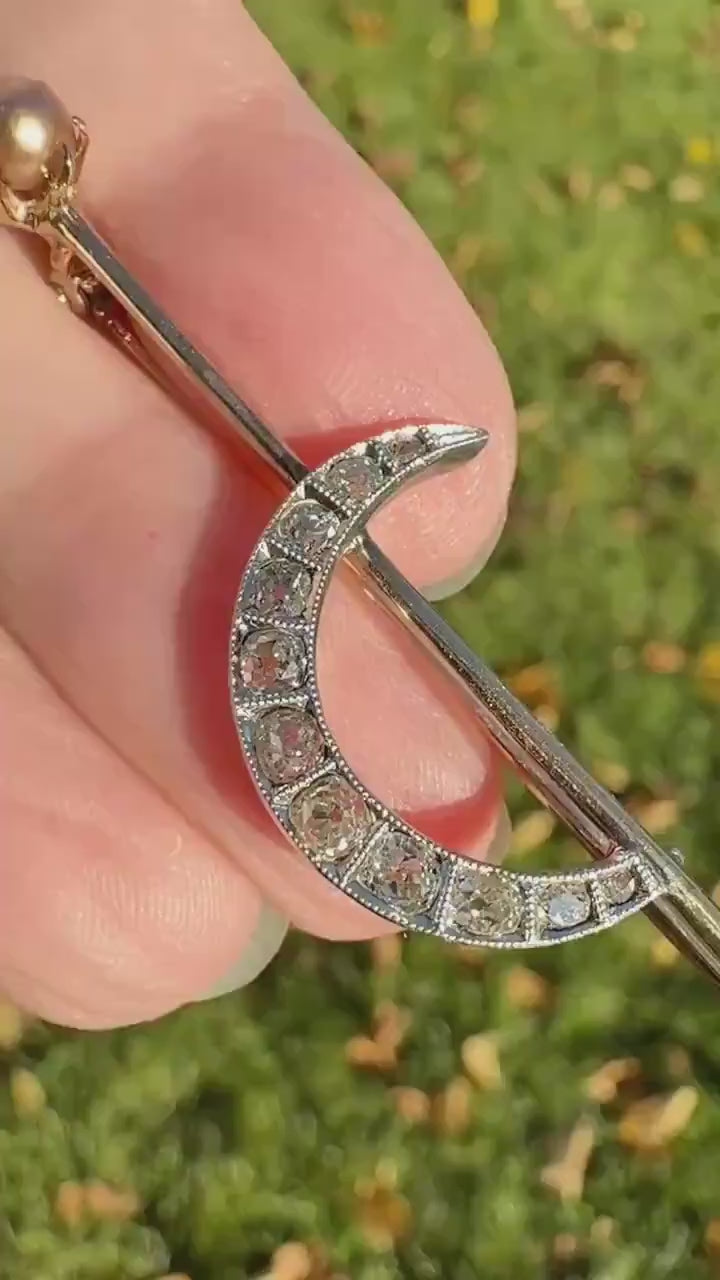 MOON Crescent Brooch .85 Carat + Rose Old Mine DIAMOND 14k Gold Platinum Extender Connector Pendant Pin Charm Holder Figural Celestial Pearl