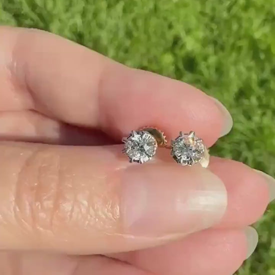 Vintage .58 Ctw Transitional Cut DIAMOND Buttercup Prong Stud Earrings French 18k Gold Platinum Romantic Gift Earstack Minimalist Screw Back