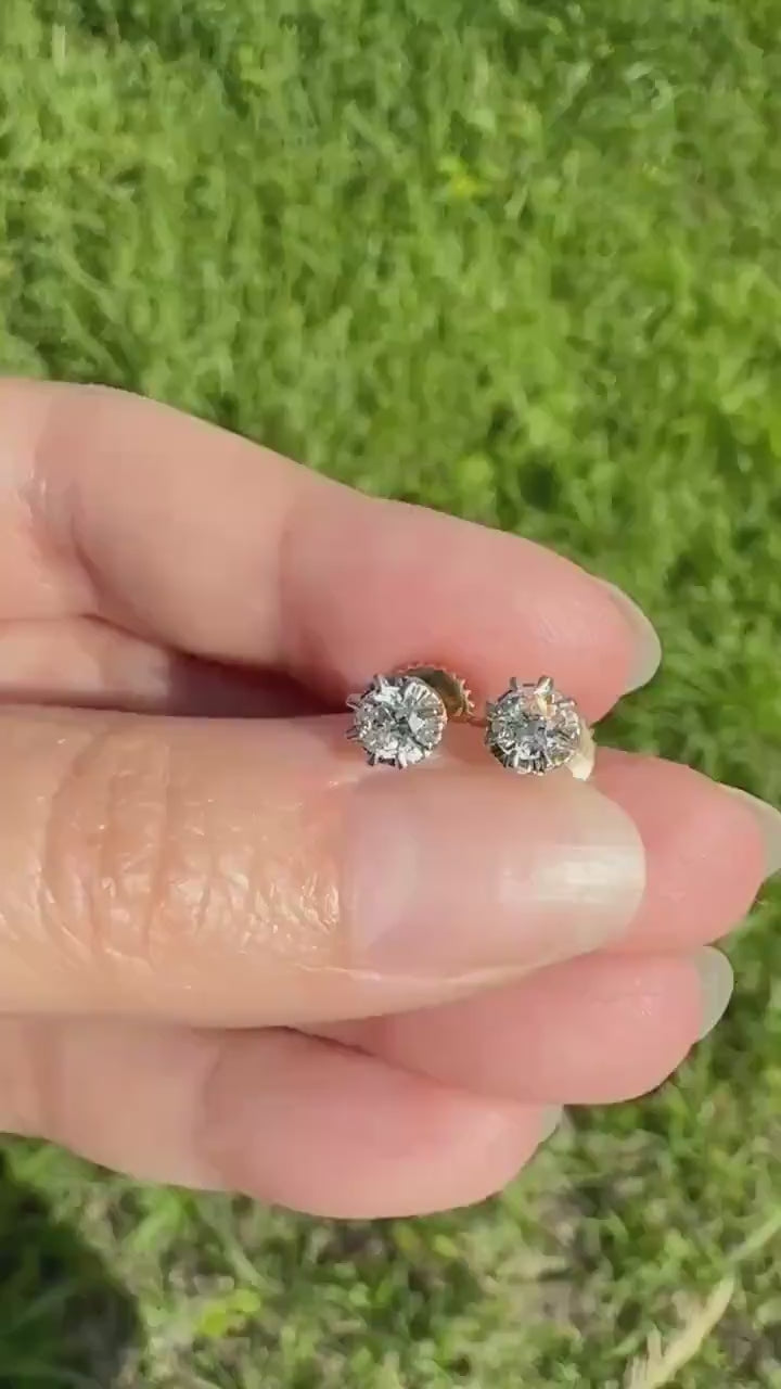 Vintage .58 Ctw Transitional Cut DIAMOND Buttercup Prong Stud Earrings French 18k Gold Platinum Romantic Gift Earstack Minimalist Screw Back