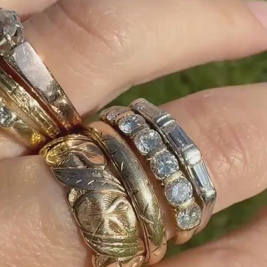 Vintage Art Deco East West Baguette Diamond Three Stone Ring Platinum Skinny Stacker Beveled Stacker