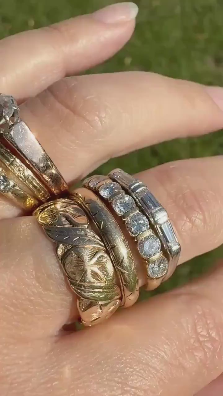Vintage Art Deco East West Baguette Diamond Three Stone Ring Platinum Skinny Stacker Beveled Stacker