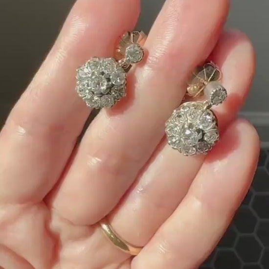ANTIQUE 3 Carats Tdw Old Mine Brilliant Cut Diamond Daisy Cluster Dangle Earrings BOXED 10k Gold Silver 3Ctw