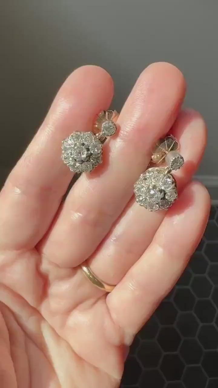 ANTIQUE 3 Carats Tdw Old Mine Brilliant Cut Diamond Daisy Cluster Dangle Earrings BOXED 10k Gold Silver 3Ctw