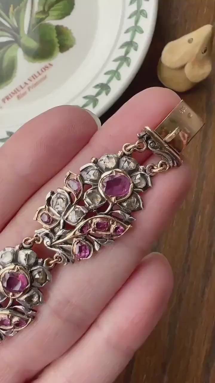 RARE Floral GIARDINETTI Antique Bracelet Flat Cut Ruby Pink Sapphire Rose Cut DIAMOND Figural Link Bracelet Special Georgian 14k Gold Silver