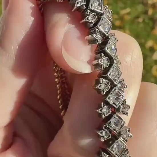 Antique 43 Rose Cut DIAMOND French Victorian Double Cable Chain Bracelet 18k Gold Solid Silver Floral Linear Wriststack Belle Epoque Tennis