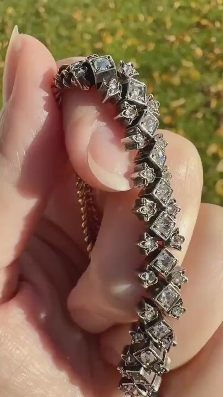 Antique 43 Rose Cut DIAMOND French Victorian Double Cable Chain Bracelet 18k Gold Solid Silver Floral Linear Wriststack Belle Epoque Tennis