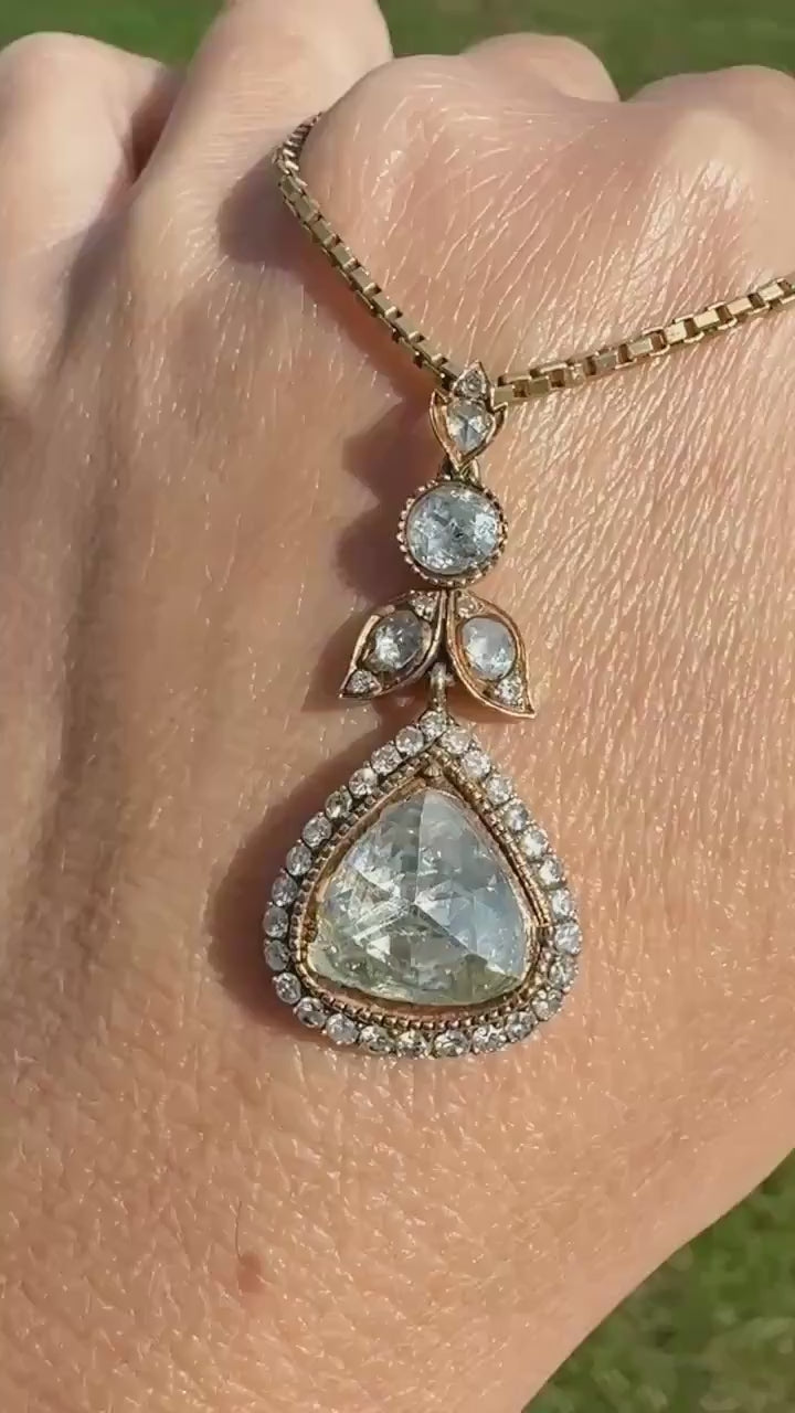 PEAR Triangular Antique XL Natural Old Dutch Rose Cut DIAMOND 3.5 Carat Chubby Pendant 14k Gold Xx Carat Retro Vintage 18k Venetian Chain