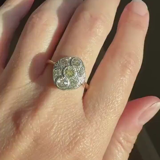 Edwardian Antique 1.1 Carat Old Mine Cut Diamond Cluster Ring Panel Oval Platform Ornate Geometric Milgrain Pale Yellow Center 1.1Ctw OMC