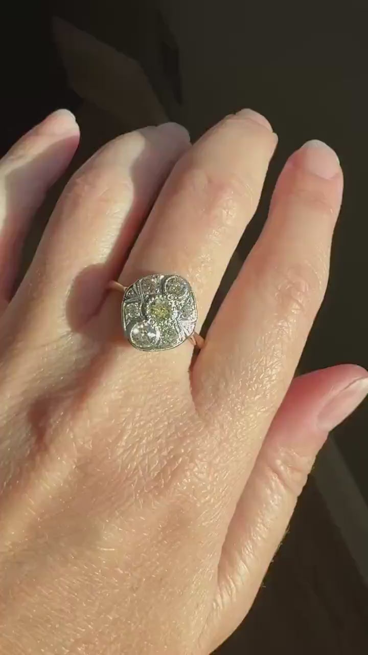 Edwardian Antique 1.1 Carat Old Mine Cut Diamond Cluster Ring Panel Oval Platform Ornate Geometric Milgrain Pale Yellow Center 1.1Ctw OMC
