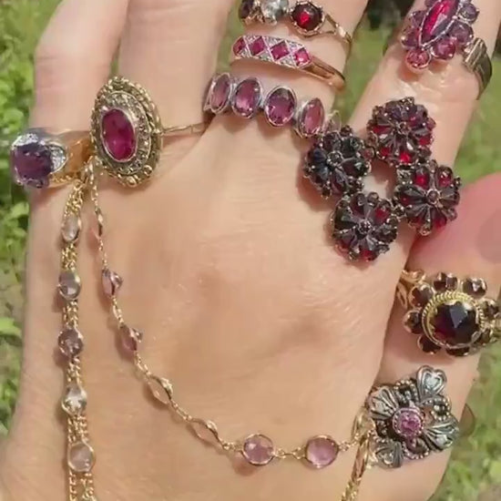 HEARTS Ornate Shield RUBY Old Single Cut DIAMOND Ring 18k Gold Silver Flourishes Scrolled Shield Large Cocktail Statement Gift