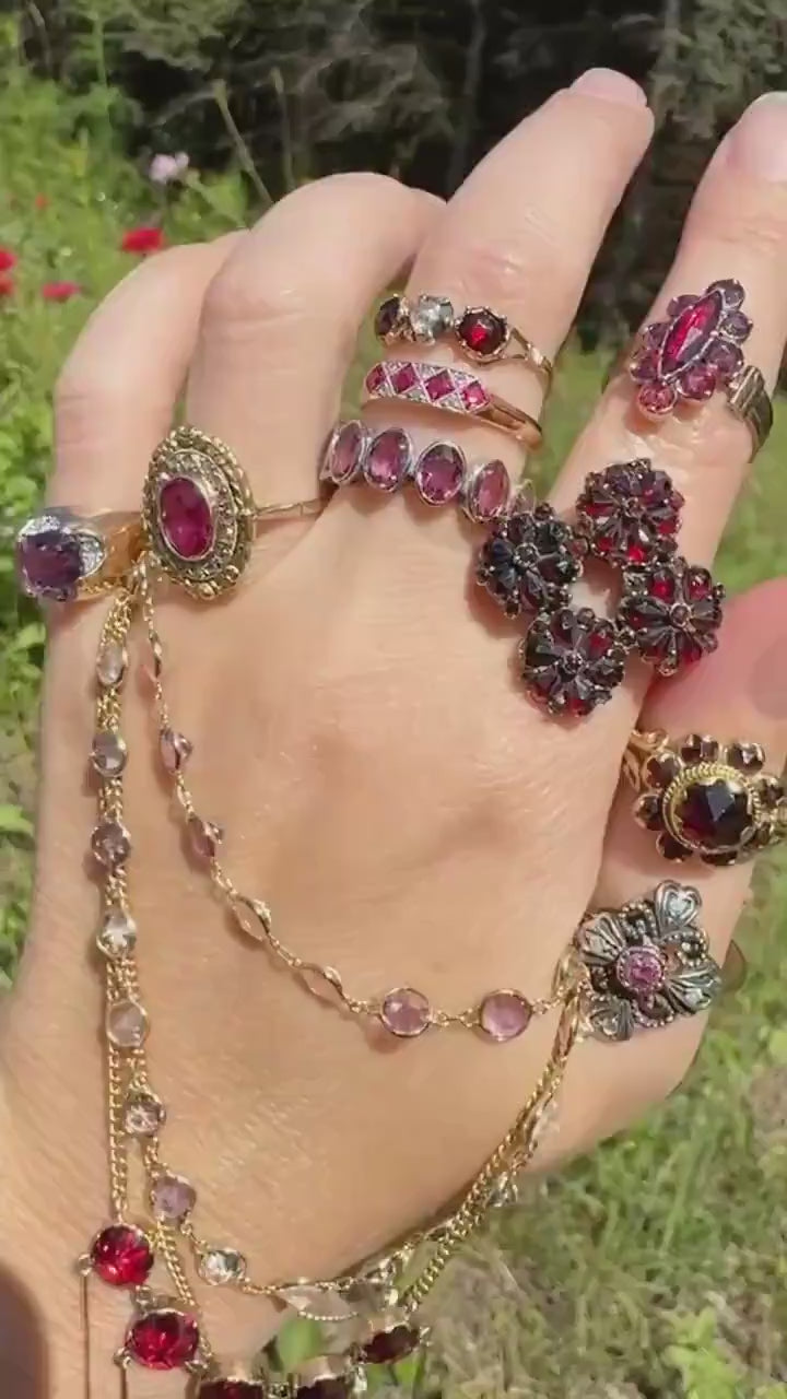 HEARTS Ornate Shield RUBY Old Single Cut DIAMOND Ring 18k Gold Silver Flourishes Scrolled Shield Large Cocktail Statement Gift