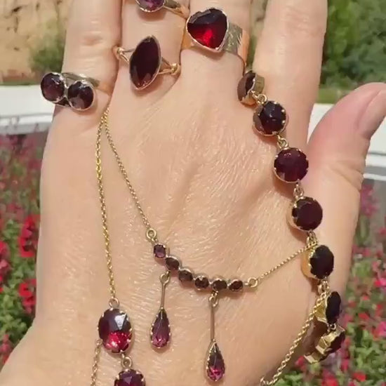 Daintier Victorian Curved Perpignan GARNET Negligee Necklace Chain Teardrop Dangle Pendants 18k Gold Rose Cut Closed Back Almandine Glowing