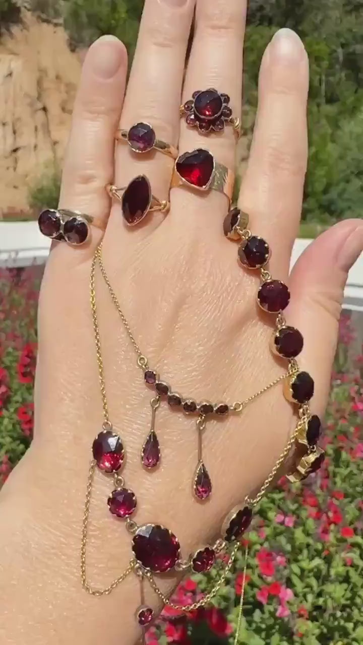 Daintier Victorian Curved Perpignan GARNET Negligee Necklace Chain Teardrop Dangle Pendants 18k Gold Rose Cut Closed Back Almandine Glowing