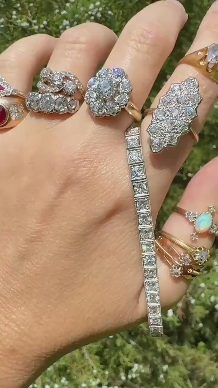 Antique Old Mine Cut Angled Bypass Three Stone Ring Rose Accents French 18k Gold Stacker Band Ringstack Ornate Swirl OMC Belle Epoque