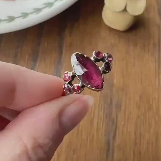 Victorian Perpignan Rose Cut GARNET French Seven Stone Ring Marquise & Round Betrothal Band 18k Gold Antique Period Hallmark Juicy Glow Red