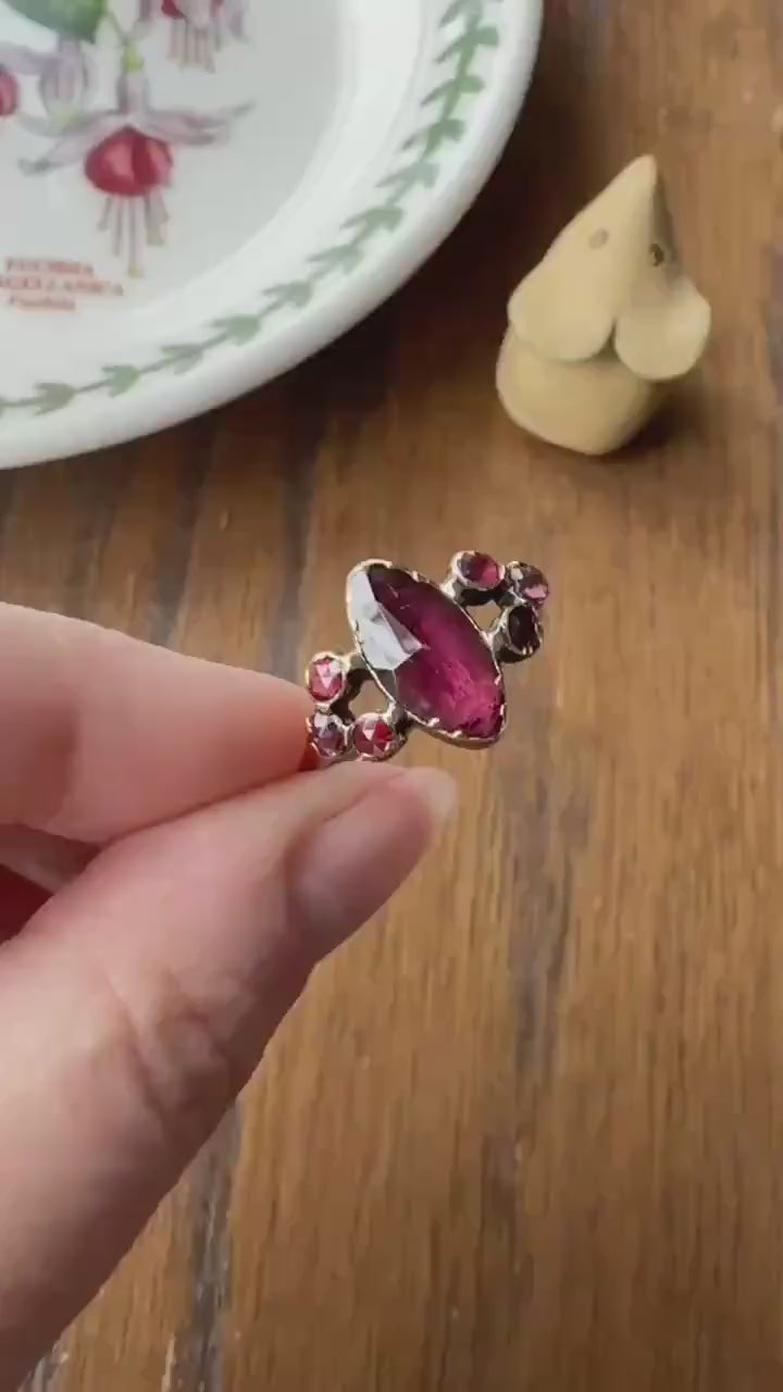 Victorian Perpignan Rose Cut GARNET French Seven Stone Ring Marquise & Round Betrothal Band 18k Gold Antique Period Hallmark Juicy Glow Red