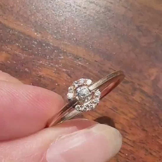 Vintage Uniquely Cut Diamond Ring with Halo Accents 14k Gold Geometric Minimalist Stacker