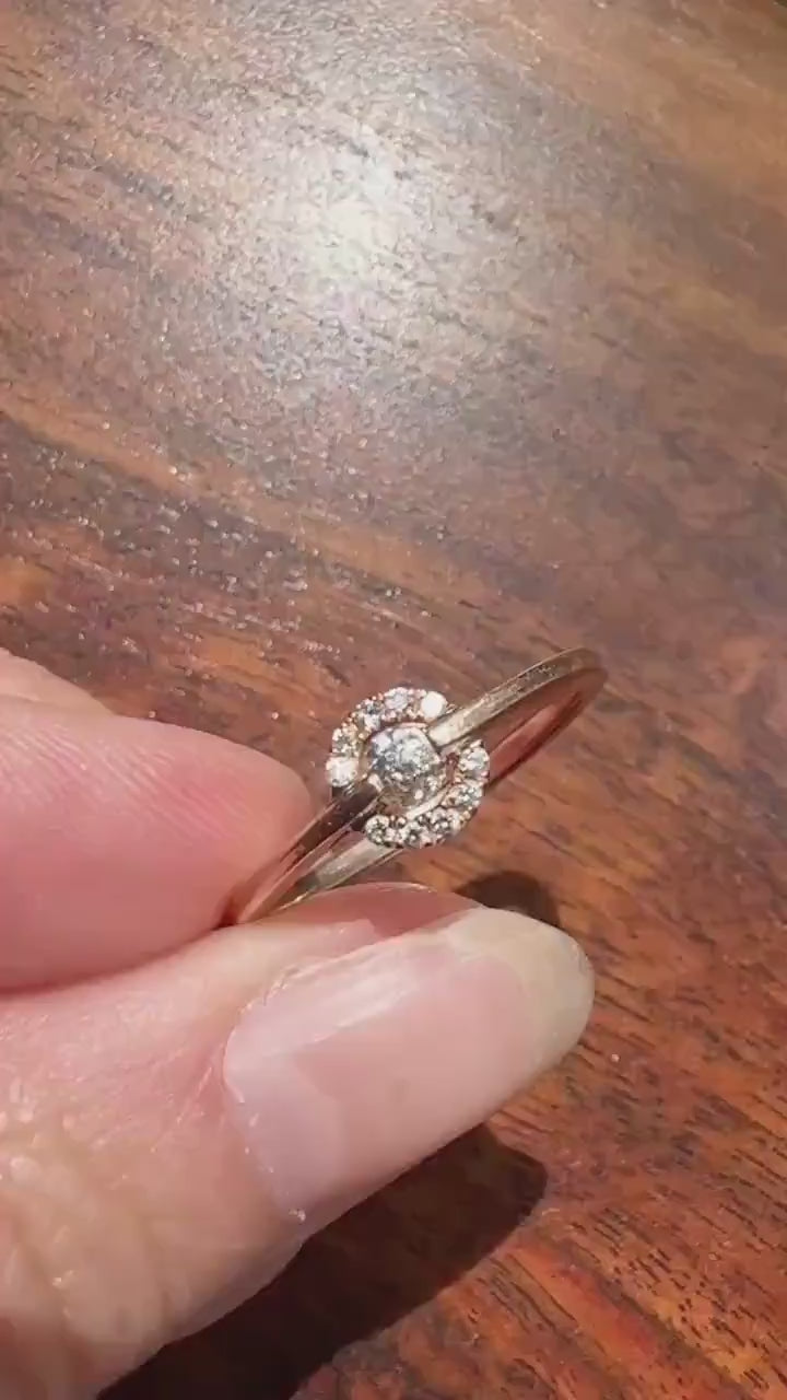 Vintage Uniquely Cut Diamond Ring with Halo Accents 14k Gold Geometric Minimalist Stacker