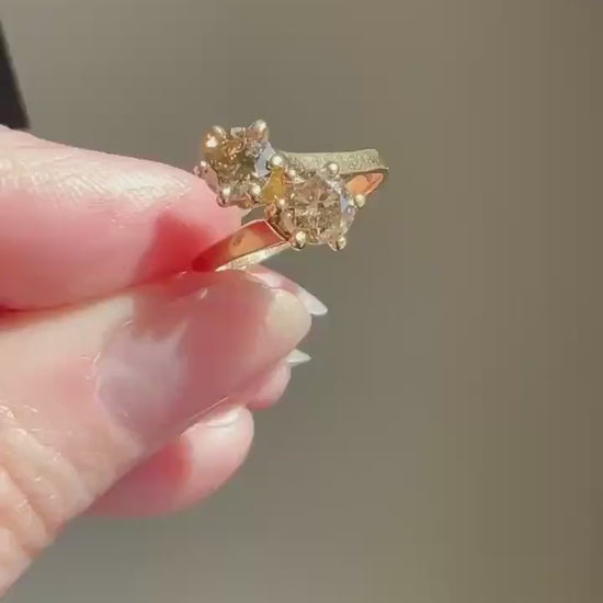 Fancy BROWN 1 Carat Tdw Transitional Cut DIAMOND Toi et Moi Ring 18k Gold Tall Champagne Cognac Stacker French Unique Romantic Gift 1Ctw