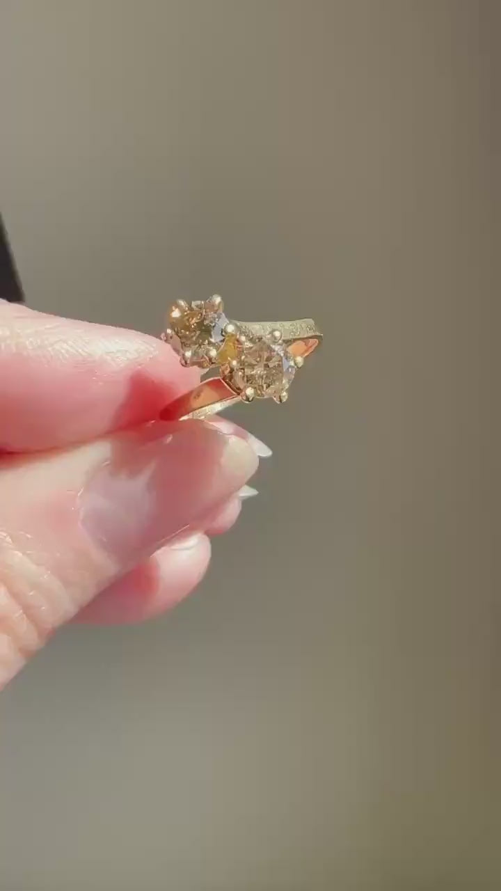 Fancy BROWN 1 Carat Tdw Transitional Cut DIAMOND Toi et Moi Ring 18k Gold Tall Champagne Cognac Stacker French Unique Romantic Gift 1Ctw