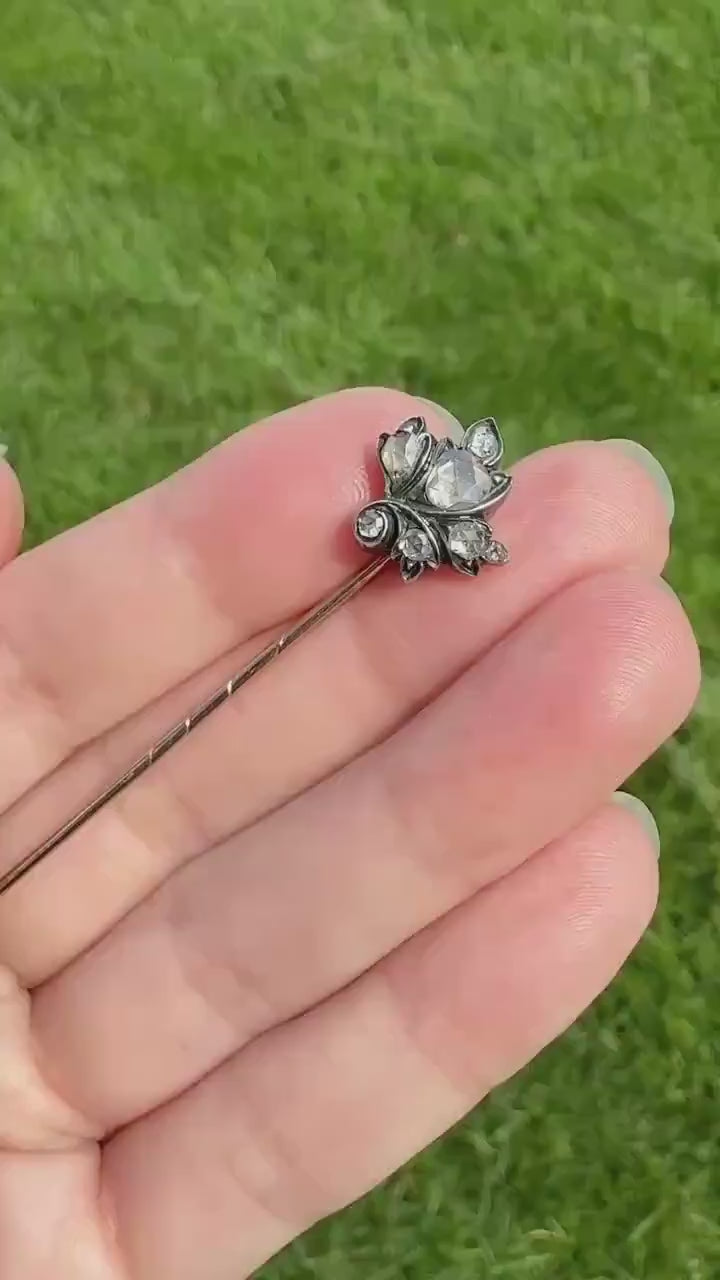 Giardinetti Leaf Figural Chunky Rose Cut DIAMOND Stick Pin for Ring Pendant Bracelet Conversion 14k Gold Silver Antique Victorian Georgian