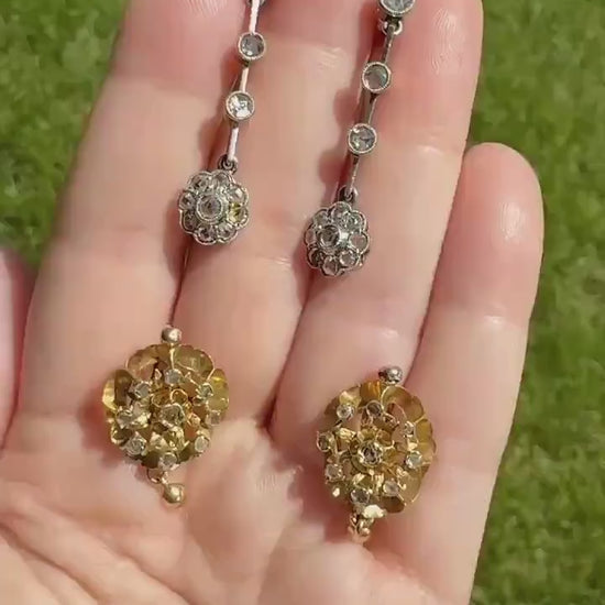 STAR Floral Antique Iberian Earrings Georgian Era 18k Gold Figural Rose Cut Diamond Starburst 3D Traditional Spanish Regional