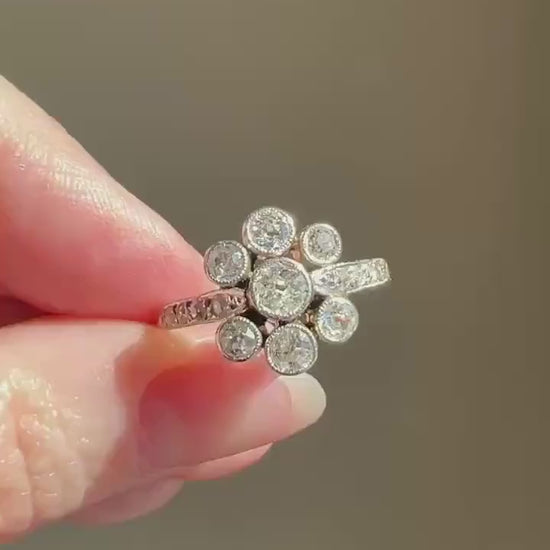 Unique 1 Carat Antique Rose & Old Mine Cut DIAMOND Seven Stone Cluster Ring 18k White Gold French Art Deco Bezel Set Halo OmC 1Ctw Tdw