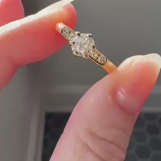 Classic Antique .6 Carat Old Mine Cut Diamond Solitaire & Accents 18k Gold French Victorian Engagement Ring Band Minimalist Stacker OMC