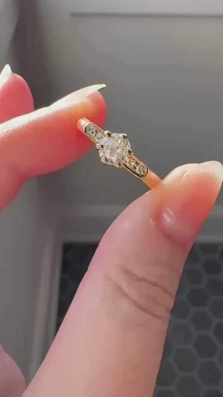 Classic Antique .6 Carat Old Mine Cut Diamond Solitaire & Accents 18k Gold French Victorian Engagement Ring Band Minimalist Stacker OMC