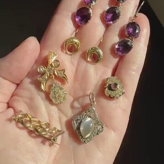 GEORGIAN Antique 10k GOLD Purple Paste Amethyst Dangle Pendant Domed Foil Backed Violet Bridal Wedding Something Old Two Stone Victorian