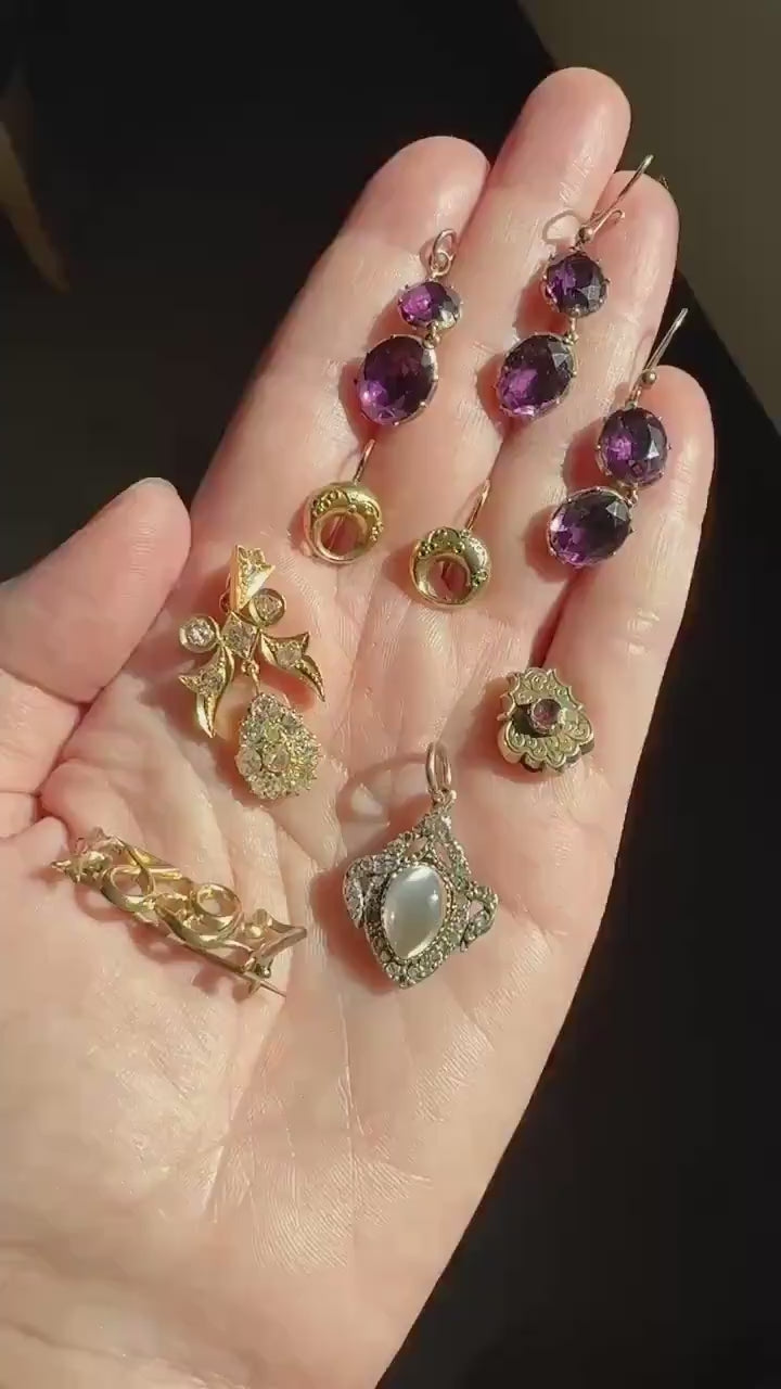 GEORGIAN Antique 10k GOLD Purple Paste Amethyst Dangle Pendant Domed Foil Backed Violet Bridal Wedding Something Old Two Stone Victorian