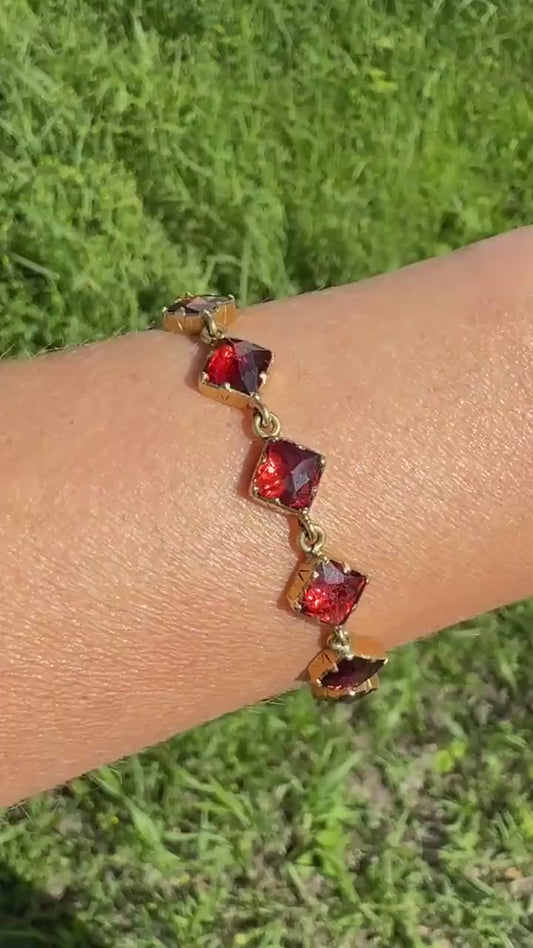 Vintage French Perpignan GARNET Riviere Eternity Bracelet 18k Gold Unique Square Bezel Set Rose Cut Closed Back Glowing Red Riviera