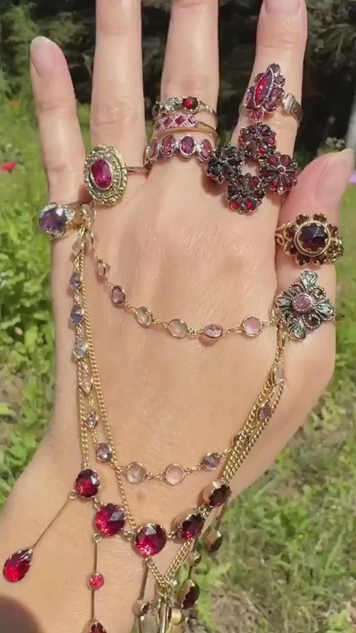 Georgian Era ANTIQUE Rose Cut Diamond & Red GARNET Three Stone RING 18k Gold Skinny Band Stacker Crimson Glow