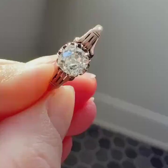 Tall Ornate French Victorian Antique One Carat Old Mine Cut DIAMOND Solitaire Engagement Ring 10k Rose Gold Scrolled Tulip Shoulders Stacker