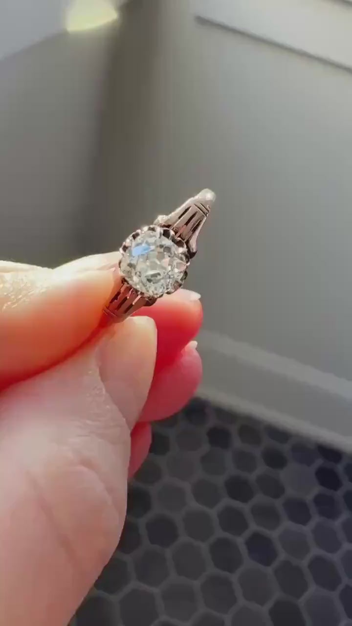 Tall Ornate French Victorian Antique One Carat Old Mine Cut DIAMOND Solitaire Engagement Ring 10k Rose Gold Scrolled Tulip Shoulders Stacker