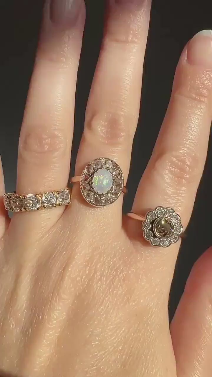 OPAL Rose Cut DIAMOND Halo Antique 18k Gold Ring Cluster Iridescent Blue Green Stacker Romantic Gift Sparkle Cocktail Victorian Edwardian