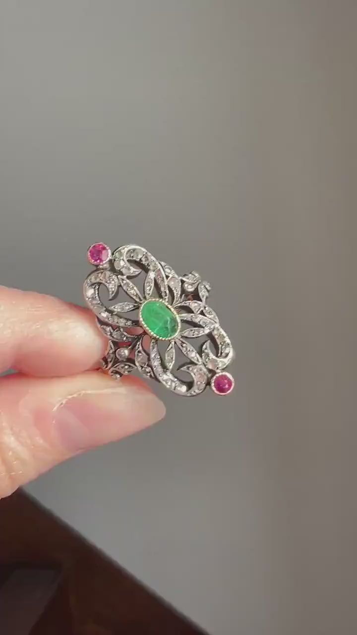 EMERALD French ANTiQUE Rose Cut DIAMOND Swirl RUBY Belle Epoque Shield Ring Victorian 18k Gold Romantic Gift Stacker Dramatic Cocktail Green