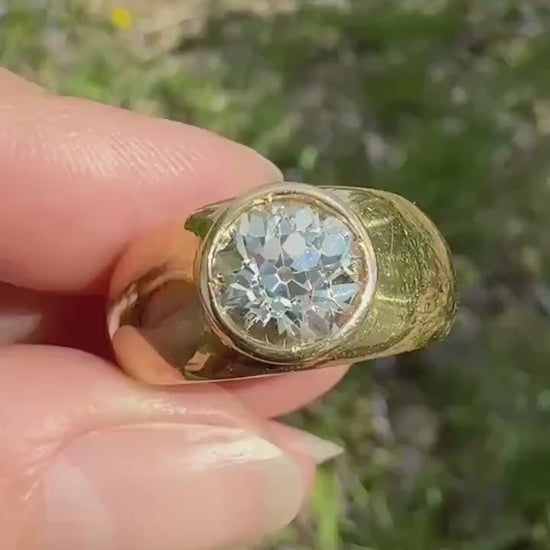 Eye Clean 2.3 Carat Old Mine Cut DIAMOND Antique Stone 18k Gold Vintage Unisex Gypsy Ring Solitaire Chunky Wide Band Stacker Gift OmC 2.3ctw