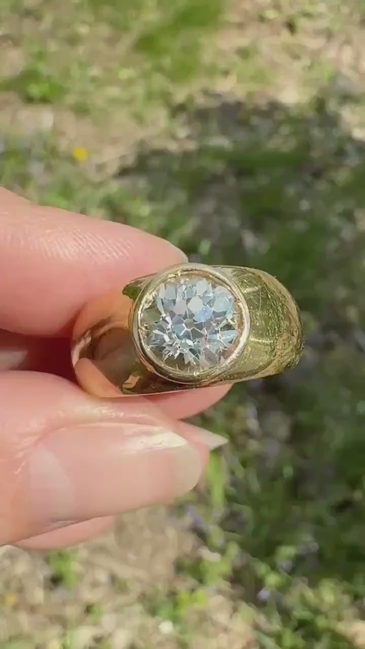 Eye Clean 2.3 Carat Old Mine Cut DIAMOND Antique Stone 18k Gold Vintage Unisex Gypsy Ring Solitaire Chunky Wide Band Stacker Gift OmC 2.3ctw