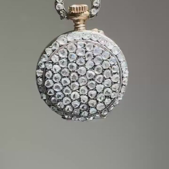 ENTIRELY DIAMOND Encrusted French VICTORIAN Era Chunky Rose Cut Diamond Antique 18k Gold Silver Pocket Watch Case Pendant Locket Rare Gift