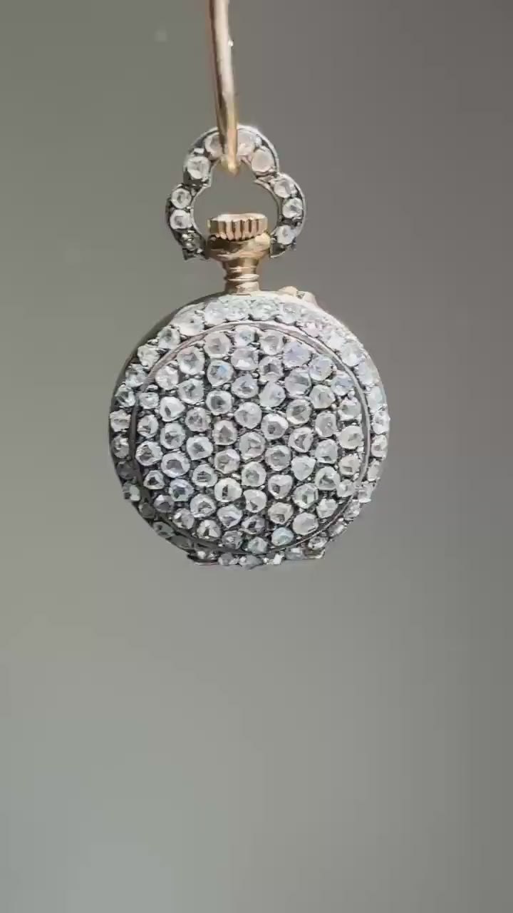 ENTIRELY DIAMOND Encrusted French VICTORIAN Era Chunky Rose Cut Diamond Antique 18k Gold Silver Pocket Watch Case Pendant Locket Rare Gift